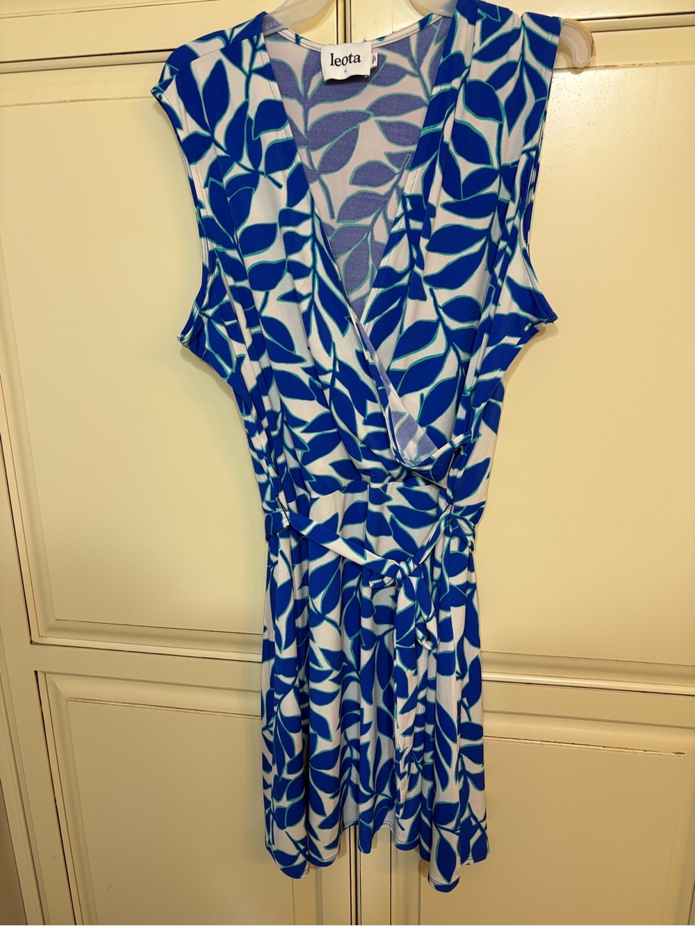 Leota Blue & White Leaf-Print Wrap Midi Dress
